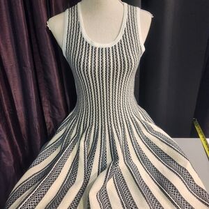 Lucy Paris fit and flare knit dress with a black and white striped pattern. Lg